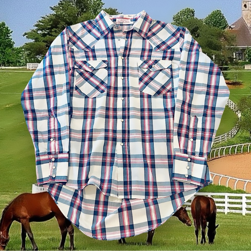 VTG 80s Western Yoke Plaid Pearl Snap Long Sleeve Lightweight Shirt